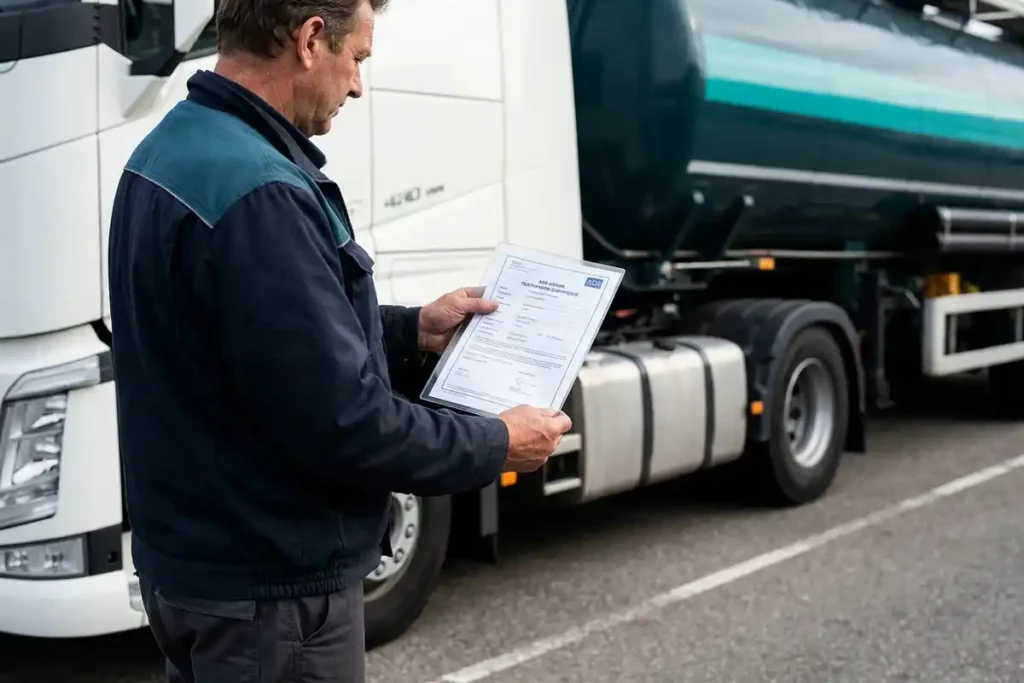 Lkw-Fahrer in Arbeitskleidung hält ADR-Gefahrgutschein neben weißem Sattelzug an einem Logistikdepot.