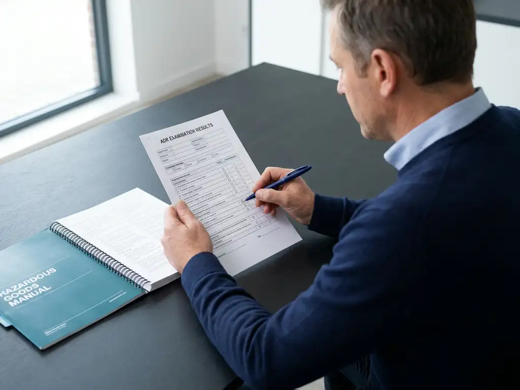 Transportfachmann prüft ADR-Prüfungsergebnisse am Schreibtisch neben aufgeschlagenem Gefahrguthandbuch im Tageslicht.