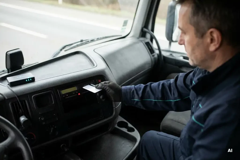 Flottentechniker steckt Fahrerkarte in digitalen Tachographen im Lkw-Fahrerhaus, Telematikgerät mit LED-Anzeige im Hintergrund.