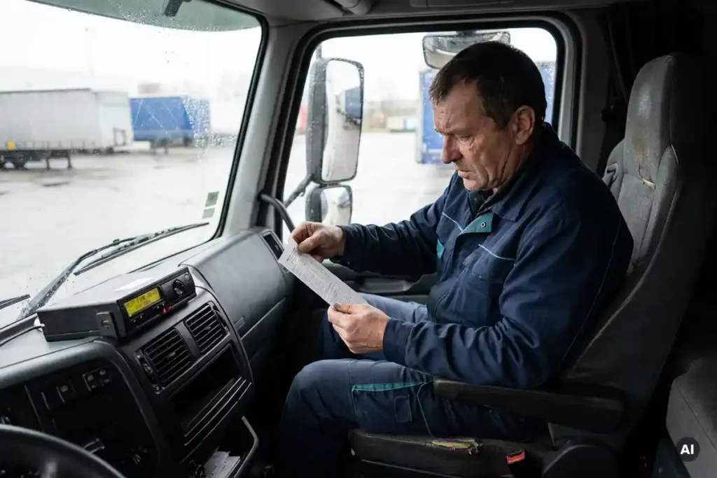 Berufskraftfahrer prüft Tachographen-Ausdruck im Lkw-Fahrerhaus mit digitalem Tachographen im Armaturenbrett sichtbar.