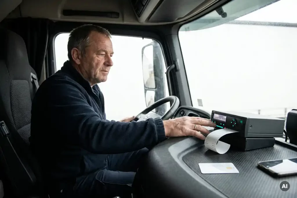 Lkw-Fahrer liest digitalen Tachographen im Fahrerhaus ab, Fahrerkarte auf dem Armaturenbrett, Thermodruck aus dem Geräteschlitz.