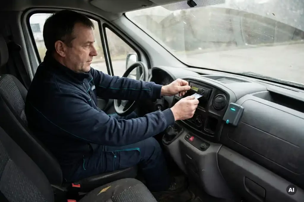 Techniker in dunkler Arbeitskleidung steckt Fahrerkarte in digitalen Tachographen im Armaturenbrett eines Lieferwagens.