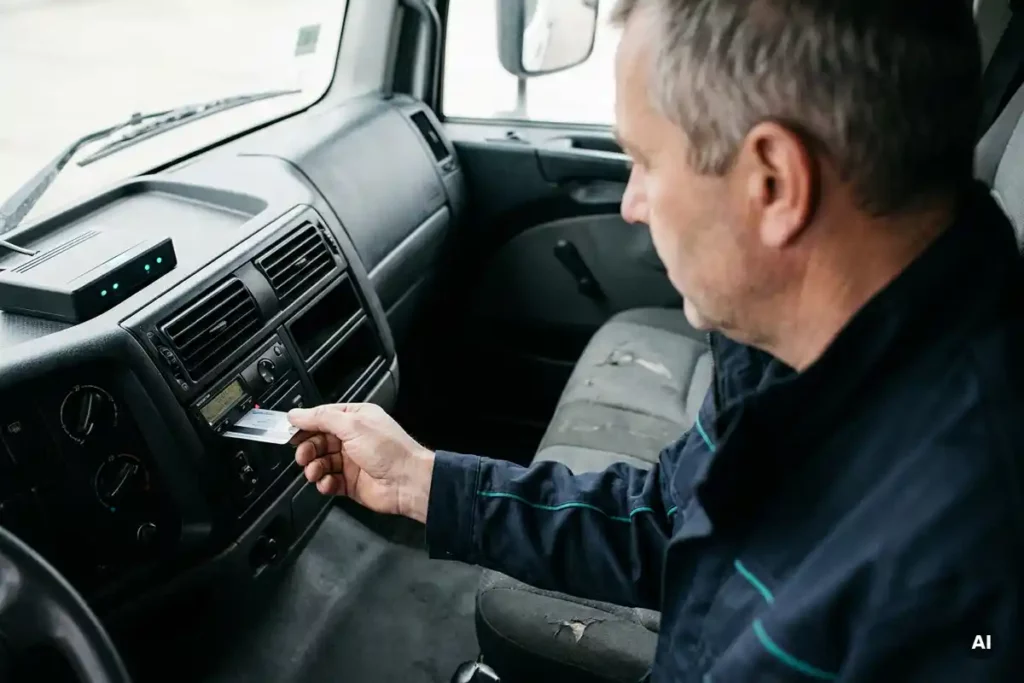 Techniker steckt Fahrerkarte in digitalen Tachographen im Führerhaus eines modernen Lkw, Telematikgerät mit LED-Anzeige sichtbar.