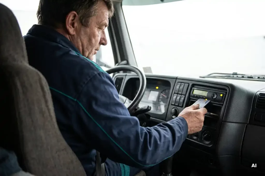 Berufskraftfahrer steckt Fahrerkarte in digitalen Tachographen im Lkw-Fahrerhaus und prüft Ruhezeiten auf dem Display.