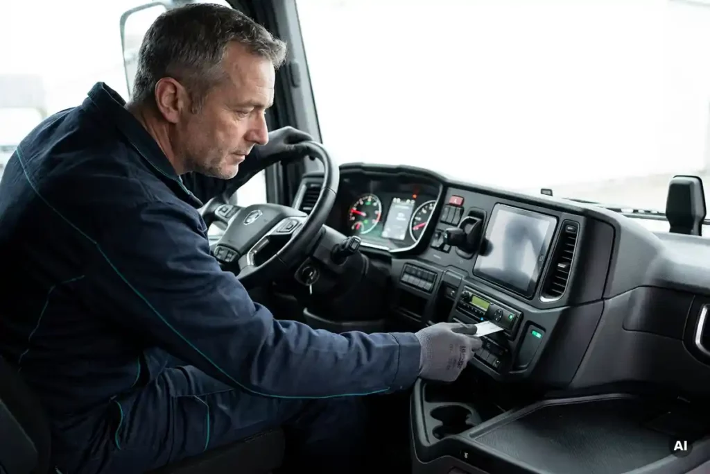 Flottentech­niker führt Fahrerkarte in digitalen Tachographen eines modernen LKW-Fahrerhauses ein.