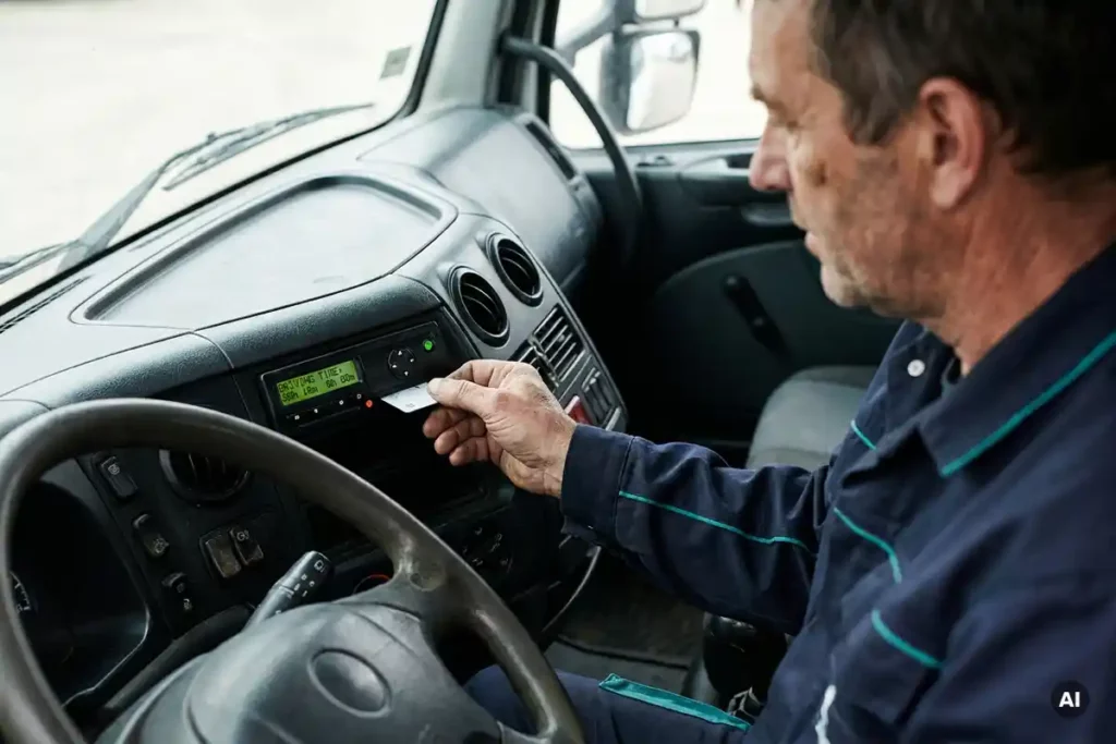 Techniker steckt Fahrerkarte in digitalen Tachographen im Lkw-Armaturenbrett, Lenkrad und Lüftungsschlitze sichtbar.