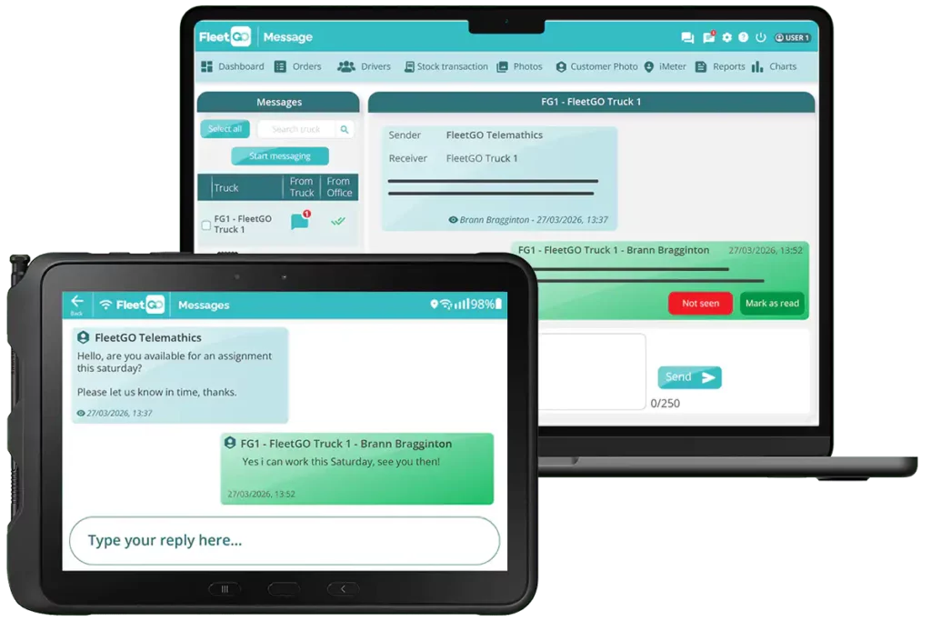 FleetGO fuel tms mockup devices laptop tablet chat
