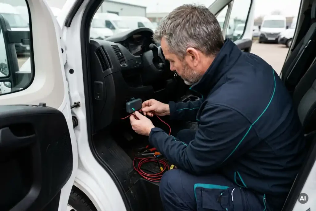 Flottentechniker installiert grauen GPS-Tracker unter dem Armaturenbrett eines weißen Lieferwagens im Depothof.