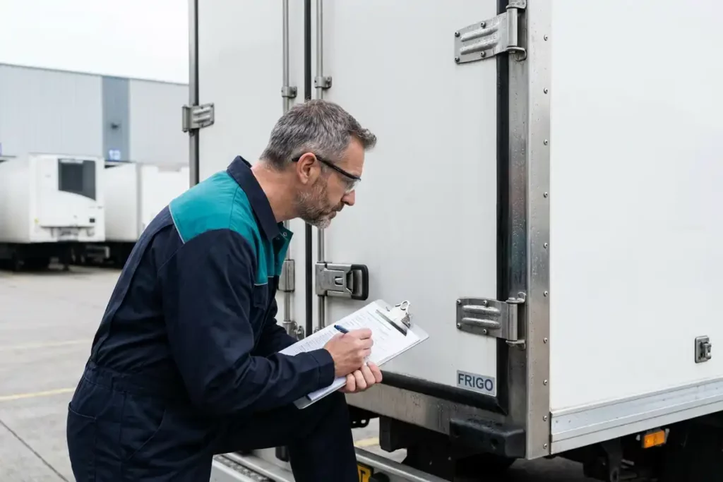 Techniker in Marineblau-Arbeitskleidung prüft Kühlaggregat eines Kühlfahrzeugs am Logistikdepot mit Klemmbrett.