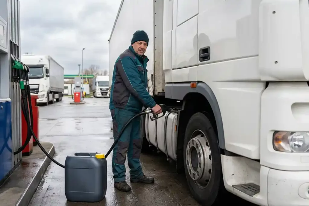 LKW-Fahrer befüllt weißen Sattelzug mit Diesel an einer Autobahn-Tankstelle bei bewölktem Himmel.