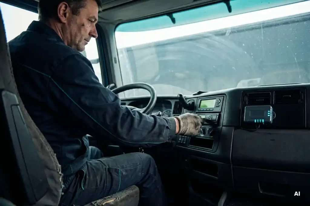 Flottentechniker steckt Fahrerkarte in digitalen Tachographen im Lkw-Armaturenbrett, Telematikgerät mit LED-Anzeigen sichtbar.