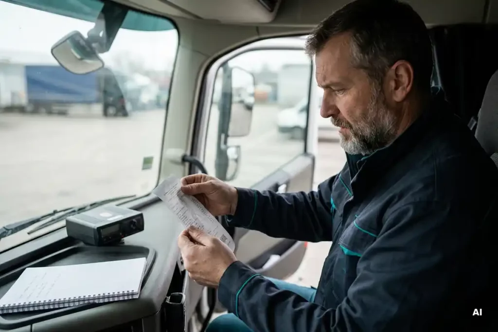 Flottentechniker prüft Tachographen-Ausdruck neben Lkw-Führerhaus mit Telematikgerät auf dem Armaturenbrett.