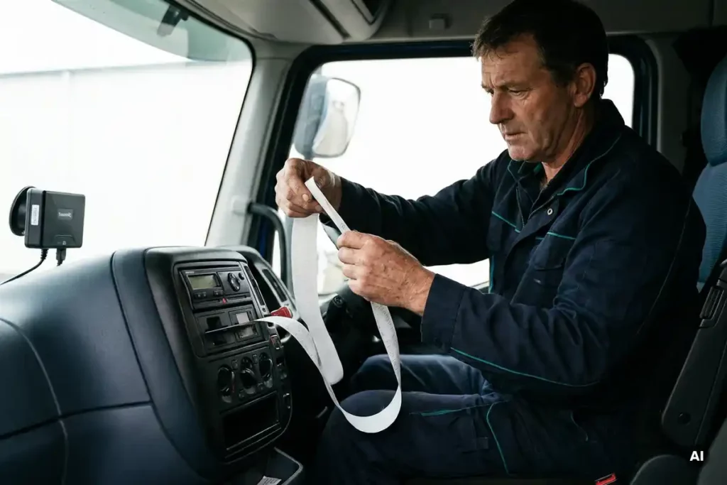 Flottentechniker prüft Tachographen-Ausdruck neben digitalem Tachographen im Lkw-Fahrerhaus.
